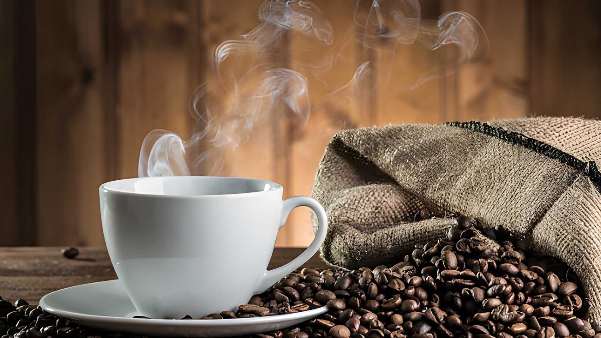 Steaming cup of specialty coffee with roasted beans spilling from burlap sack on wood