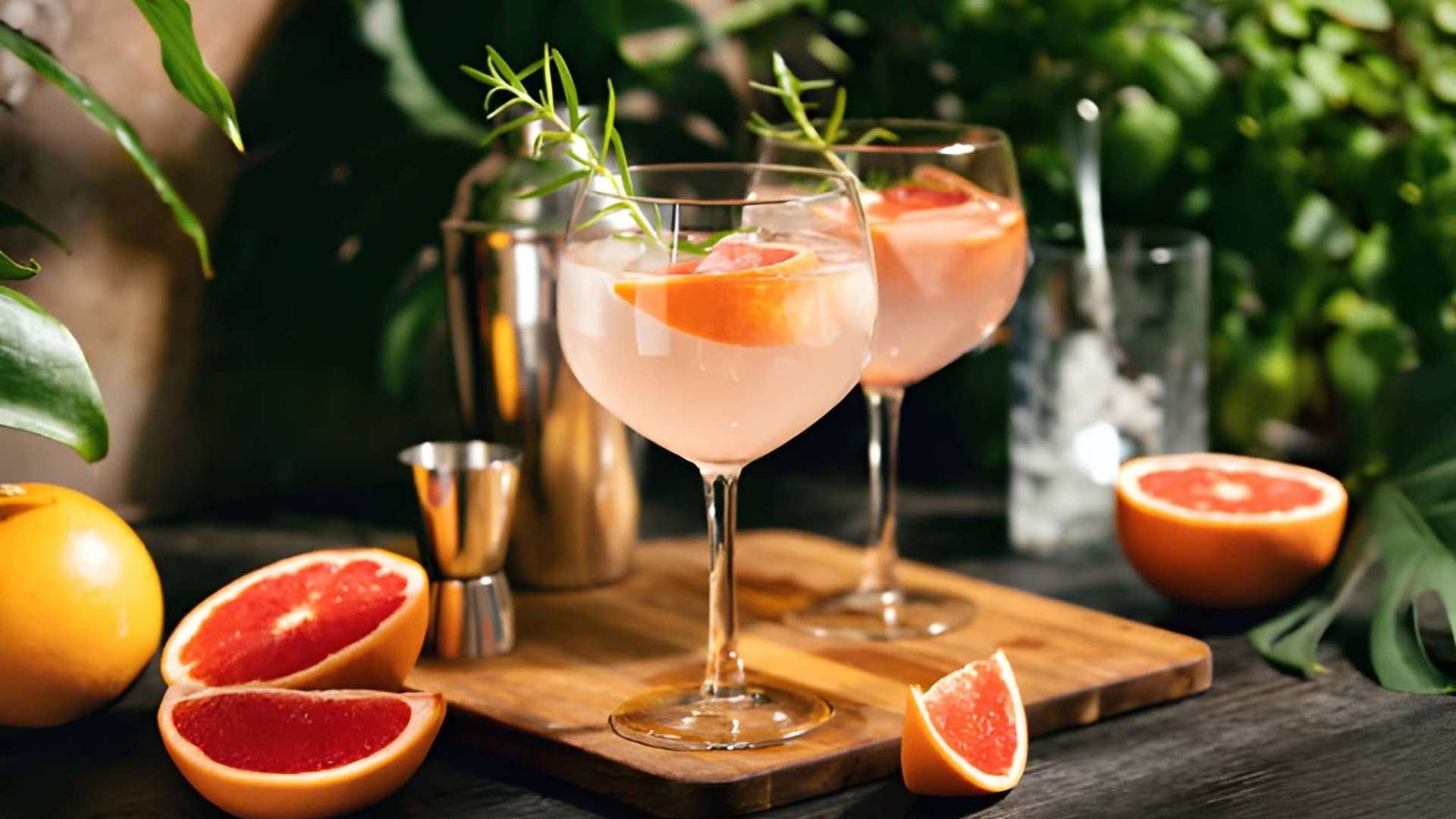 Craft mixology cocktail coupes with shaker, jigger, and fresh botanical citrus garnishes