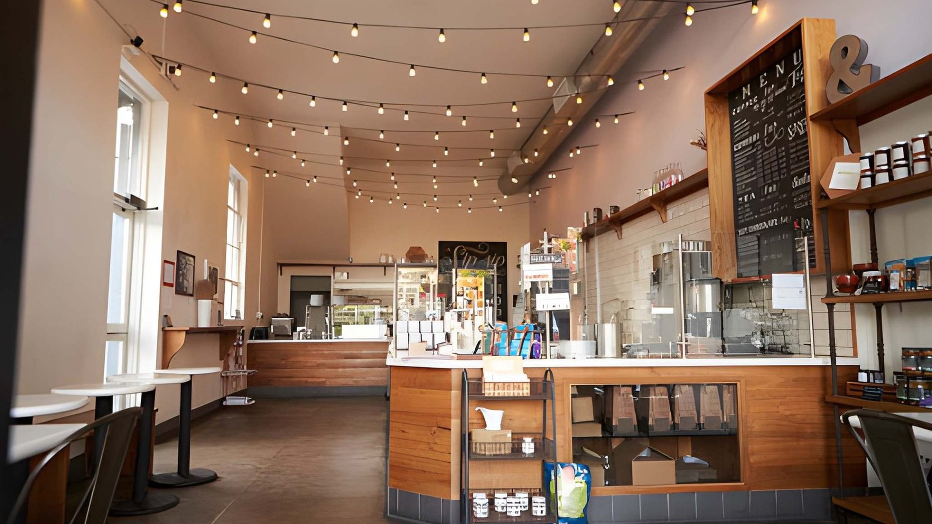 Upscale hospitality cafe interior with wooden service counter and ambient lighting